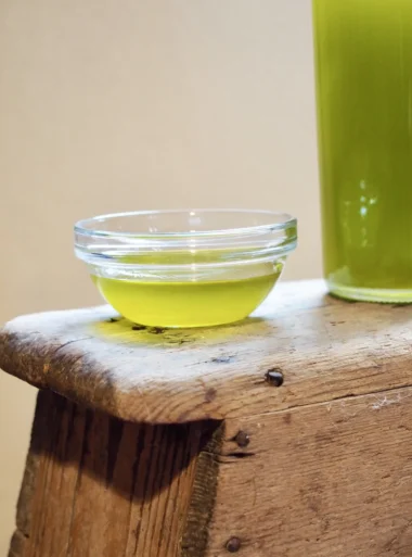Olive Oil colour1 Greek extra virgin olive oil tasting in a small bowl